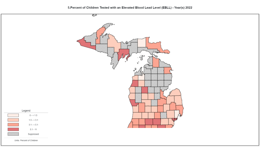 A map of Michigan showing the percentage of children tested with an elevated blood lead level